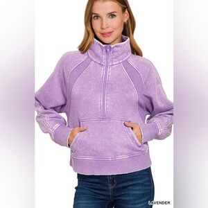 Purple Acid Mineral Wash half zip ribbed hoodie pullover sweatshirt top shirt